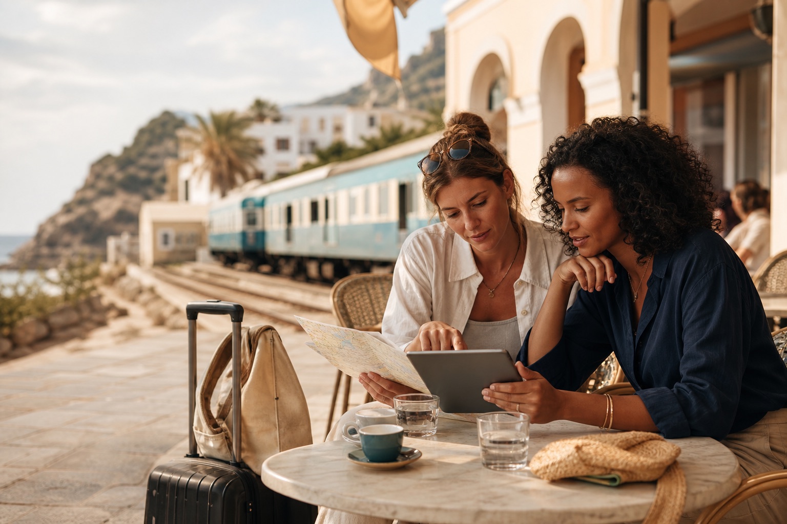 Two travelers planning a multi-city rail journey together at a Mediterranean station café