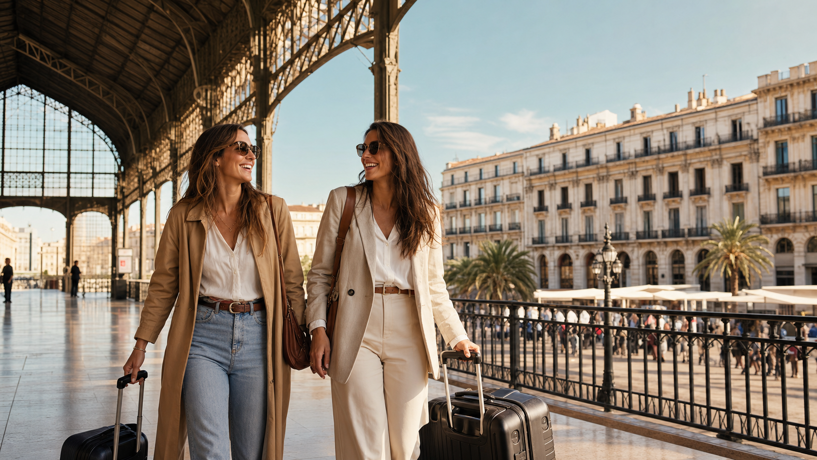 Friends arriving for a European multi-city journey at a grand railway station